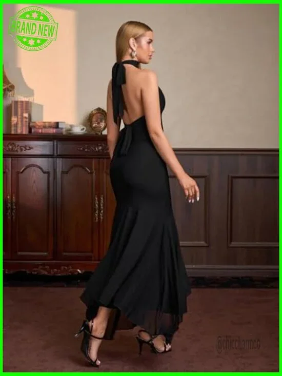 Halter Tie Backless Bodycon Maxi Dress Ruched Cocktail Formal Wedding Guest - Picture 3 of 5